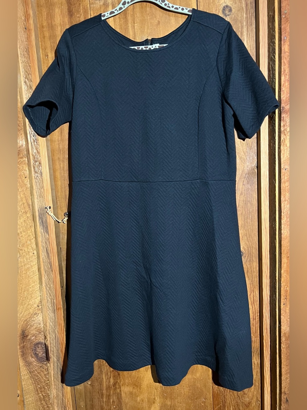 LOFT Black Short-Sleeve Textured Fit-and-Flare Dress